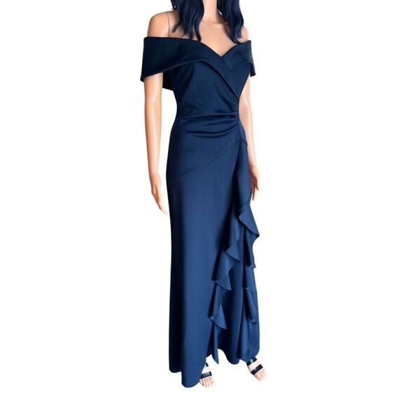 NWT XSCAPE Navy Patti Long Off the Shoulder Scuba Crepe Dress - Picture 7 of 10